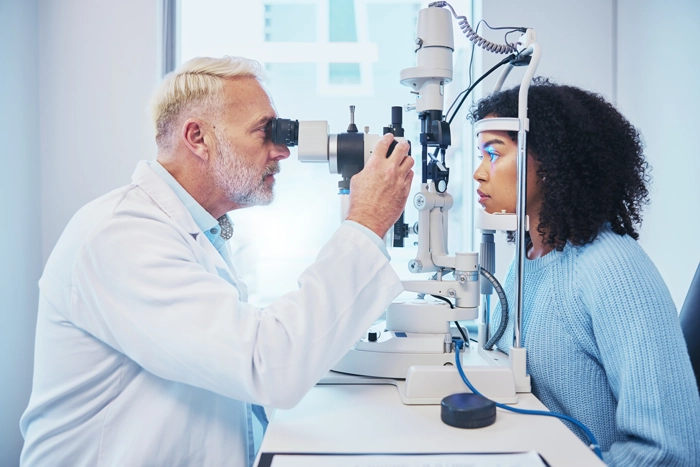 optometrist performing eye exam
